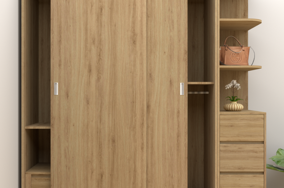 Tủ Quần Áo Cửa Lùa Gỗ MDF Lõi Xanh Chống Ẩm Tích Hợp Kệ Trang Trí  TAKL-022